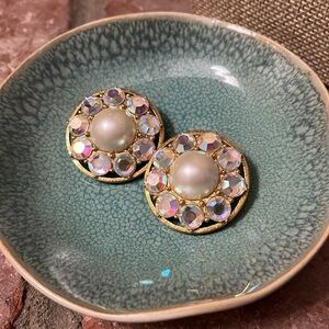 Carolee Pearl and Aurora Borealus Crystal Elegant Gold Clip On Earrings